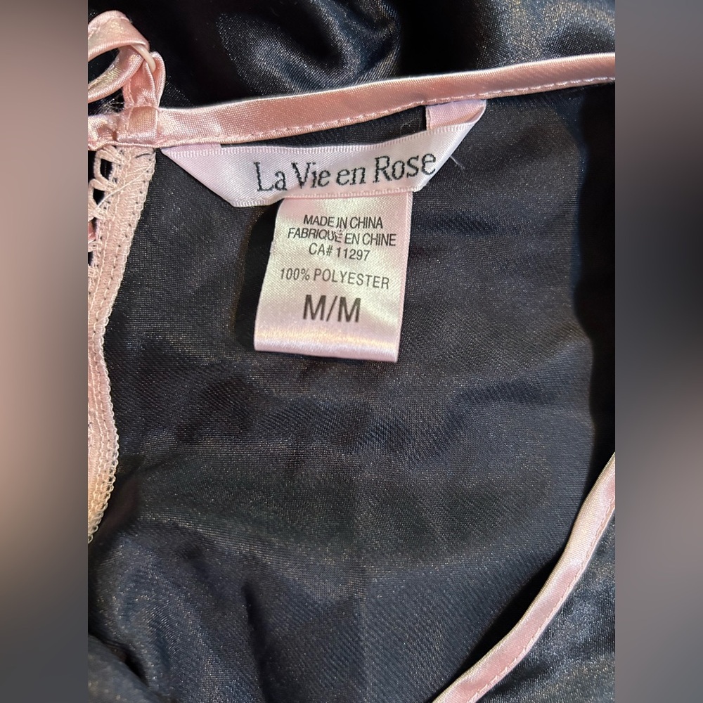 La Vie en Rose black satin coquette slip dress pink trim back lace corset Size M - Picture 6 of 7